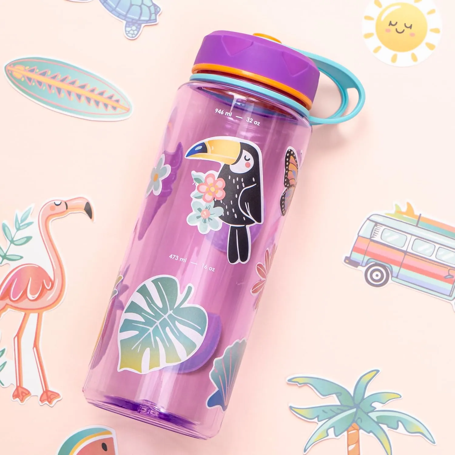 bzyoo HydroPop 36oz Water Bottle w/Personalized Stickers - Leak-Proof, Water Tracking Measurement, Wide Mouth for Ice. Personalized for Gym, School, Work BPA Free - Color Purple