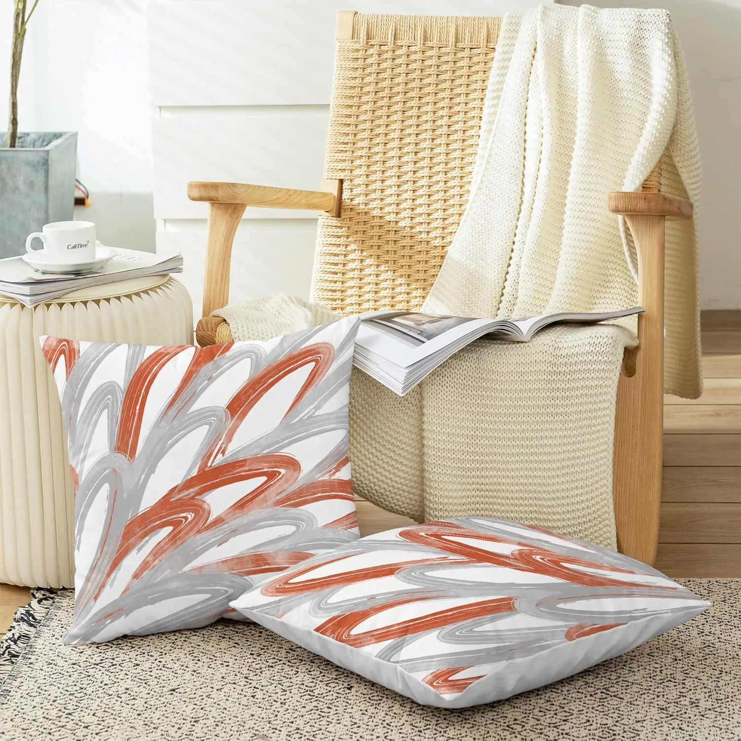 CaliTime Throw Pillow Cases Pack of 2 Cozy Fleece Two-Tone Abstract Feather Decorative Cushion Covers for Couch Bed Sofa Farmhouse Decoration 16 X 16 Inches Burnt Orange Grey