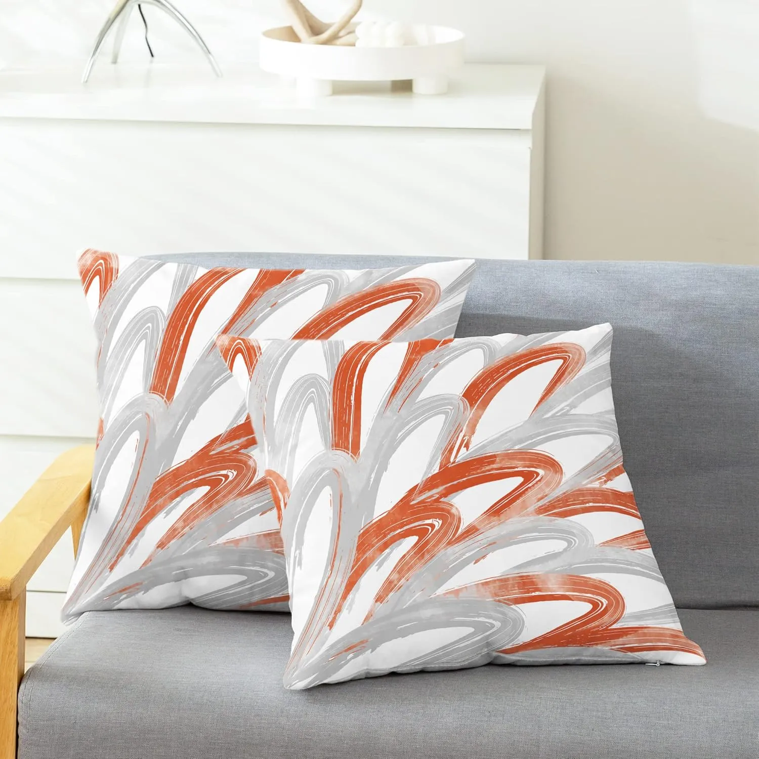 CaliTime Throw Pillow Cases Pack of 2 Cozy Fleece Two-Tone Abstract Feather Decorative Cushion Covers for Couch Bed Sofa Farmhouse Decoration 16 X 16 Inches Burnt Orange Grey