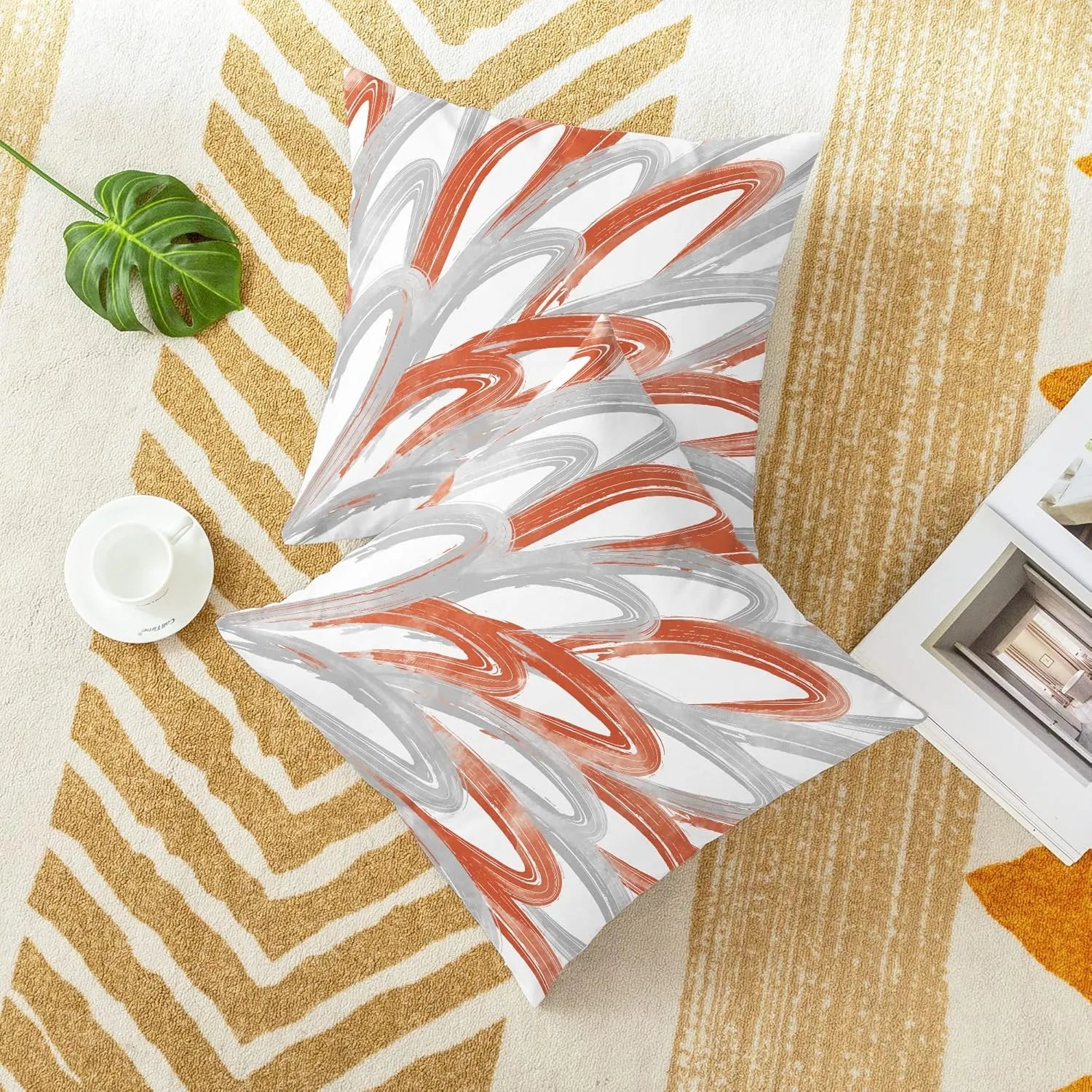 CaliTime Throw Pillow Cases Pack of 2 Cozy Fleece Two-Tone Abstract Feather Decorative Cushion Covers for Couch Bed Sofa Farmhouse Decoration 16 X 16 Inches Burnt Orange Grey