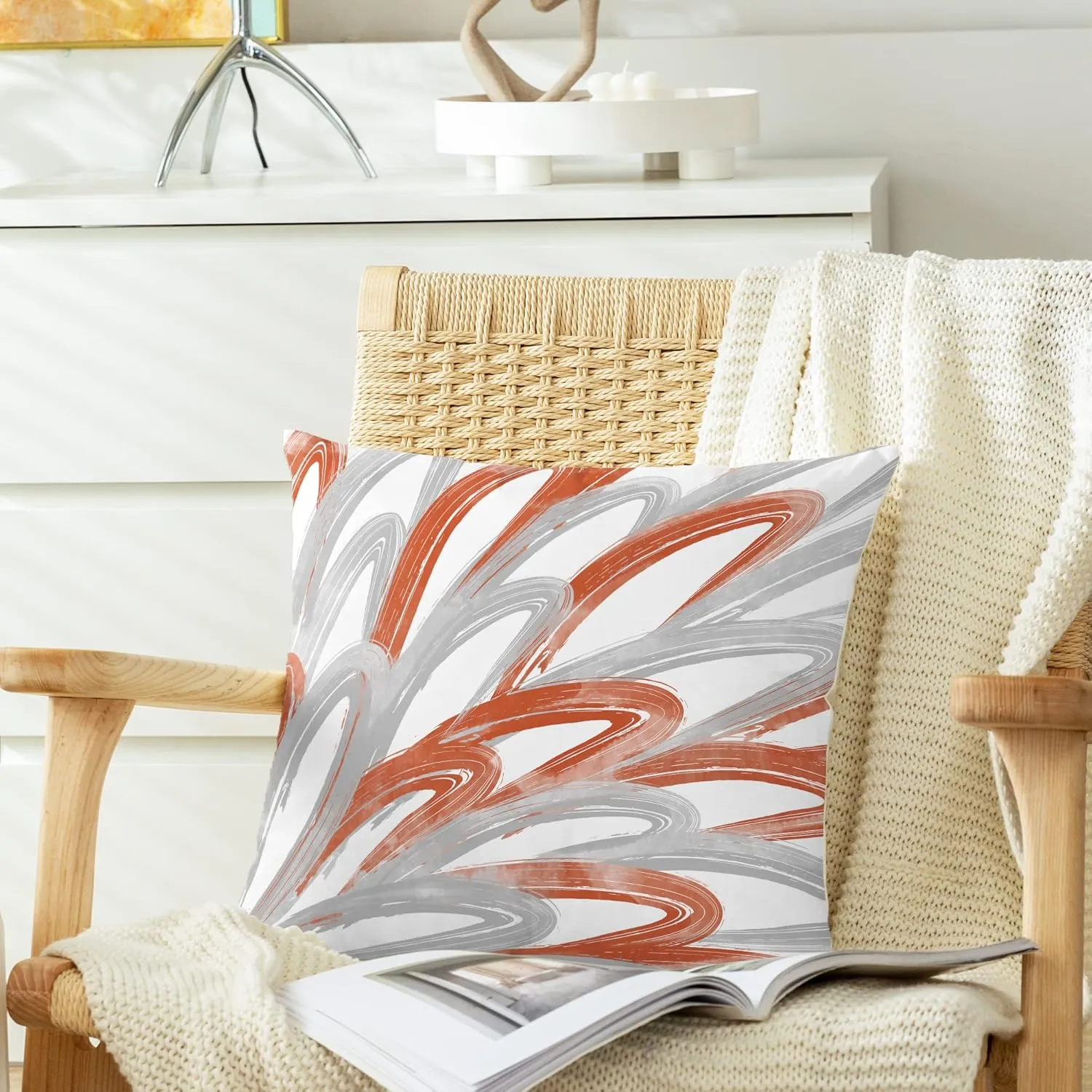 CaliTime Throw Pillow Cases Pack of 2 Cozy Fleece Two-Tone Abstract Feather Decorative Cushion Covers for Couch Bed Sofa Farmhouse Decoration 16 X 16 Inches Burnt Orange Grey