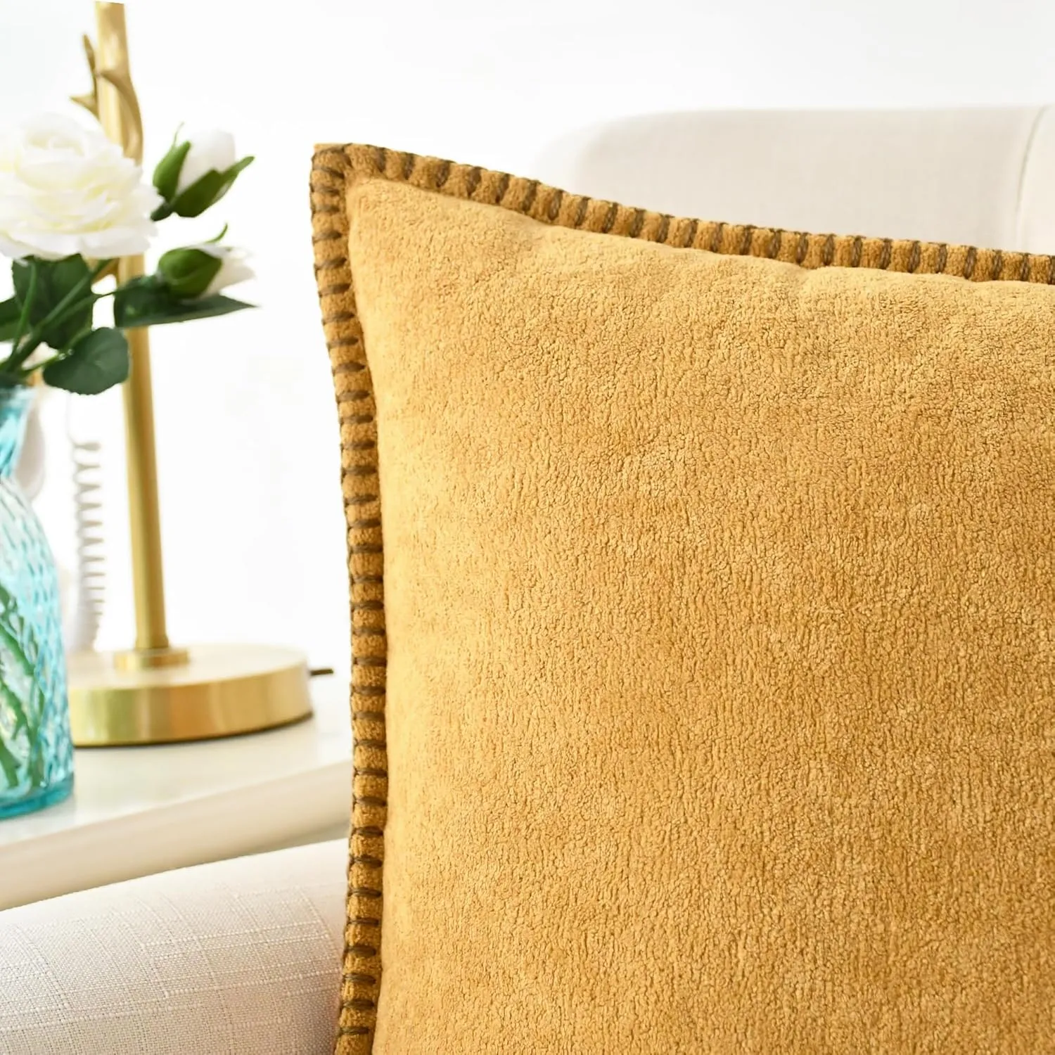 CaliTime Throw Pillow Cover Pack of 2 Linen Thread Stitching Edges Ultra Soft Faux Cashmere Chenille Decorative Cushion Cases Shells for Couch Sofa Home Farmhouse 18 X 18 Inches Golden