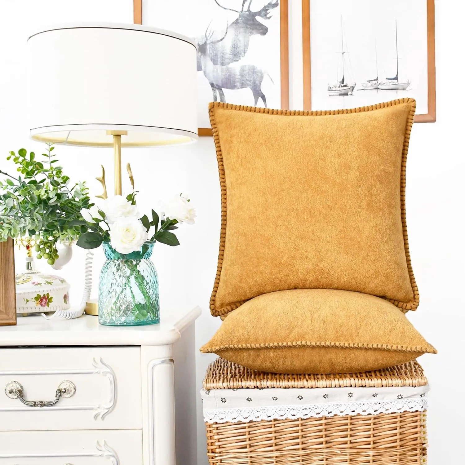 CaliTime Throw Pillow Cover Pack of 2 Linen Thread Stitching Edges Ultra Soft Faux Cashmere Chenille Decorative Cushion Cases Shells for Couch Sofa Home Farmhouse 18 X 18 Inches Golden