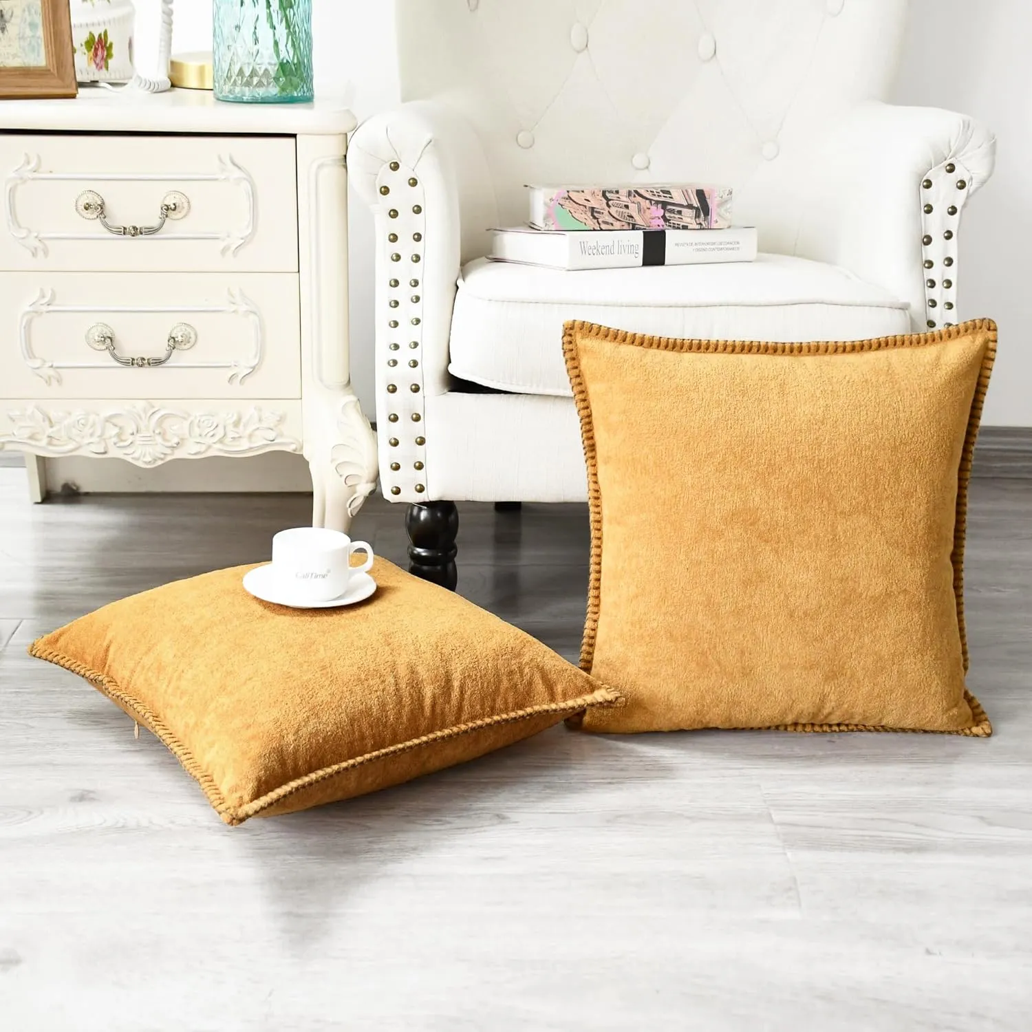 CaliTime Throw Pillow Cover Pack of 2 Linen Thread Stitching Edges Ultra Soft Faux Cashmere Chenille Decorative Cushion Cases Shells for Couch Sofa Home Farmhouse 18 X 18 Inches Golden