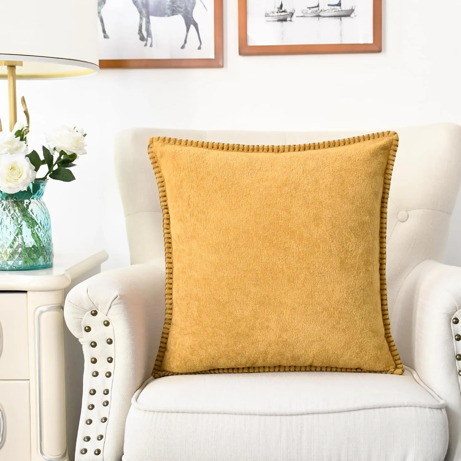 CaliTime Throw Pillow Cover Pack of 2 Linen Thread Stitching Edges Ultra Soft Faux Cashmere Chenille Decorative Cushion Cases Shells for Couch Sofa Home Farmhouse 18 X 18 Inches Golden