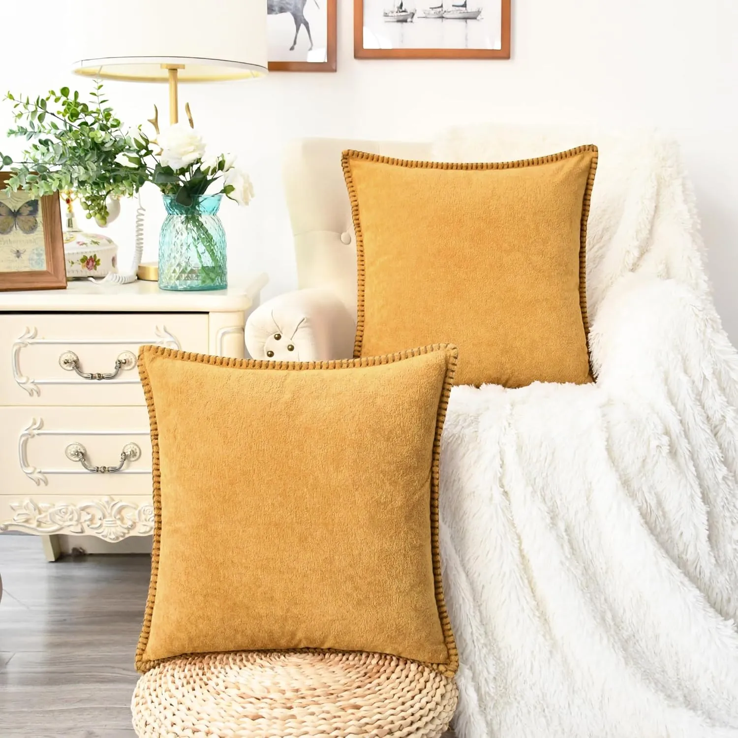 CaliTime Throw Pillow Cover Pack of 2 Linen Thread Stitching Edges Ultra Soft Faux Cashmere Chenille Decorative Cushion Cases Shells for Couch Sofa Home Farmhouse 18 X 18 Inches Golden