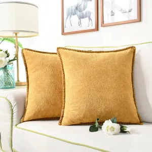 CaliTime Throw Pillow Cover Pack of 2 Linen Thread Stitching Edges Ultra Soft Faux Cashmere Chenille Decorative Cushion Cases Shells for Couch Sofa Home Farmhouse 18 X 18 Inches Golden
