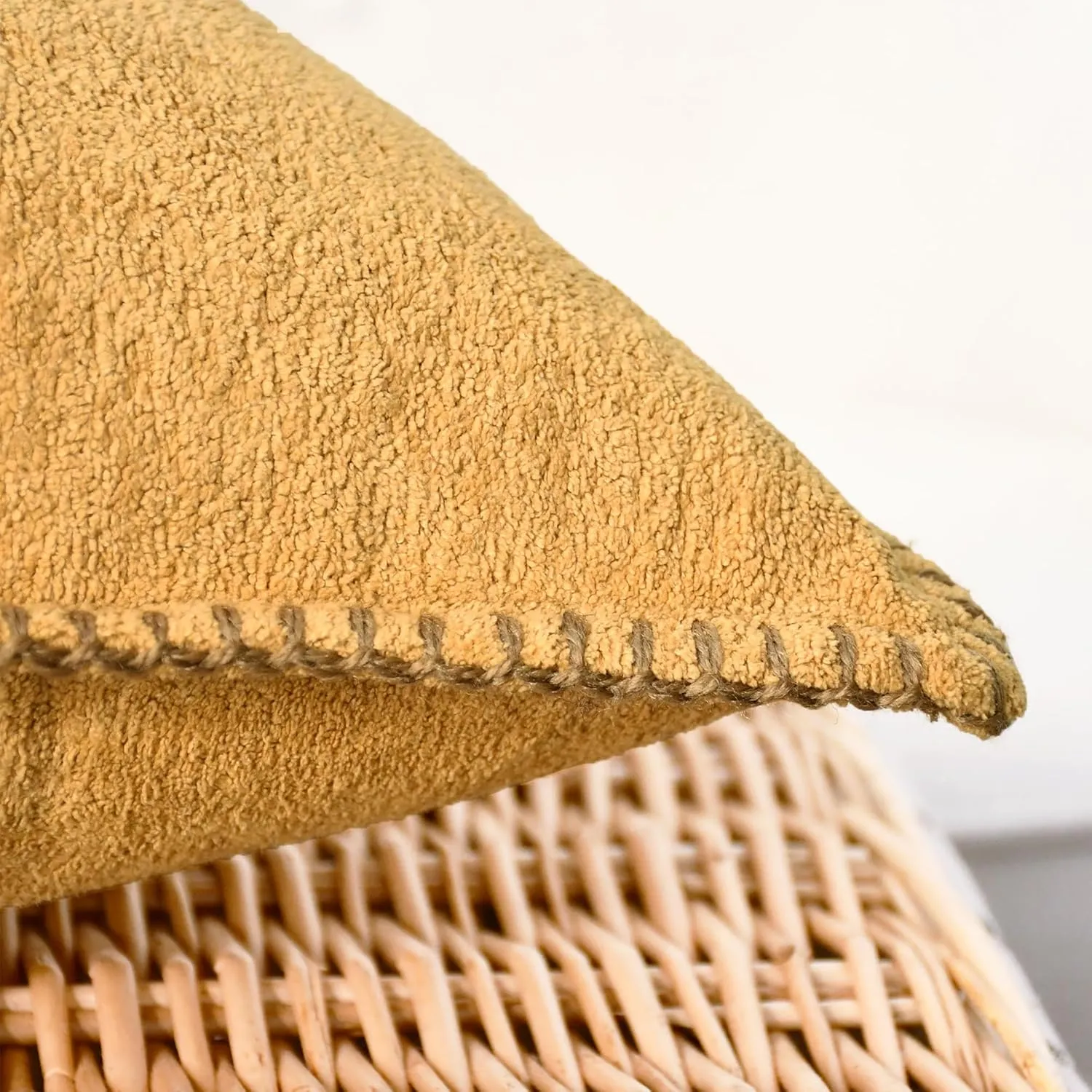 CaliTime Throw Pillow Cover Pack of 2 Linen Thread Stitching Edges Ultra Soft Faux Cashmere Chenille Decorative Cushion Cases Shells for Couch Sofa Home Farmhouse 18 X 18 Inches Golden