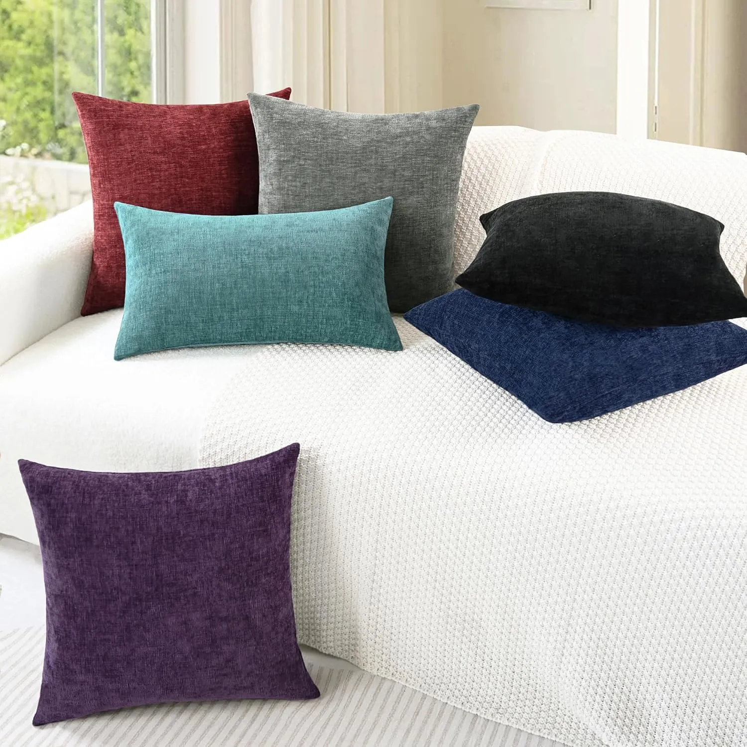 CaliTime Throw Pillow Covers Decorative 18 X 18 Inches Pack of 2 Cozy Chenille Cushion Cases for Couch Sofa Bed Living Room Home Burgundy