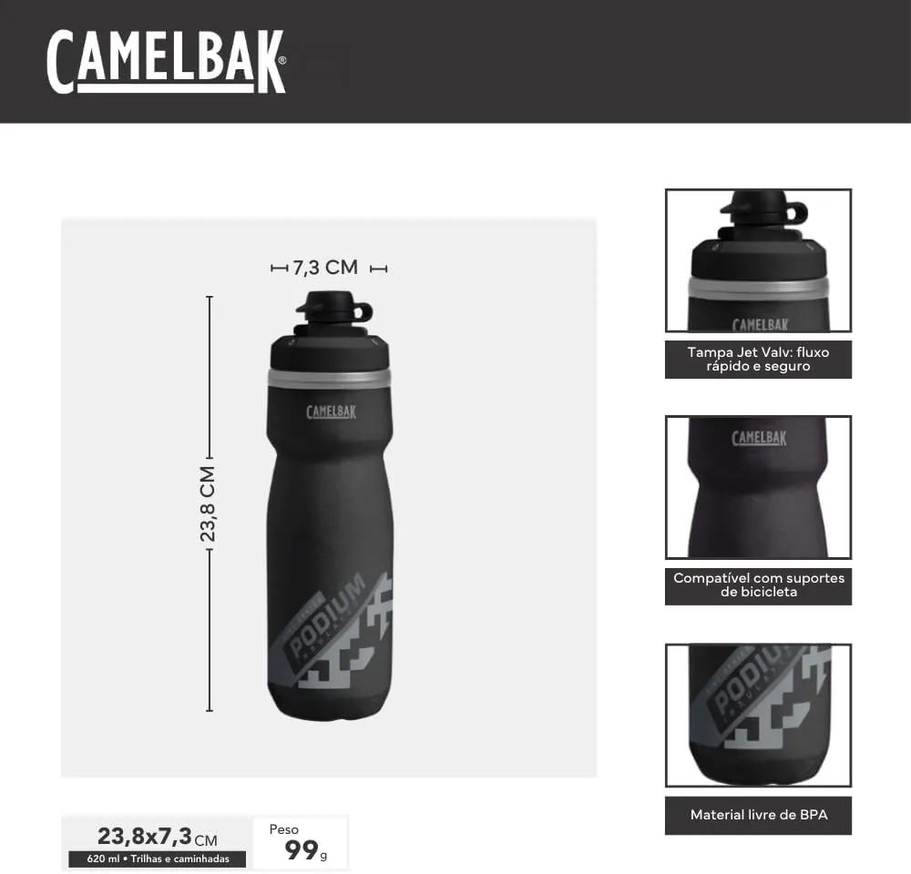 CamelBak Podium Dirt Series Chill Insulated Mountain Bike Squeeze Water Bottle Black, 21oz