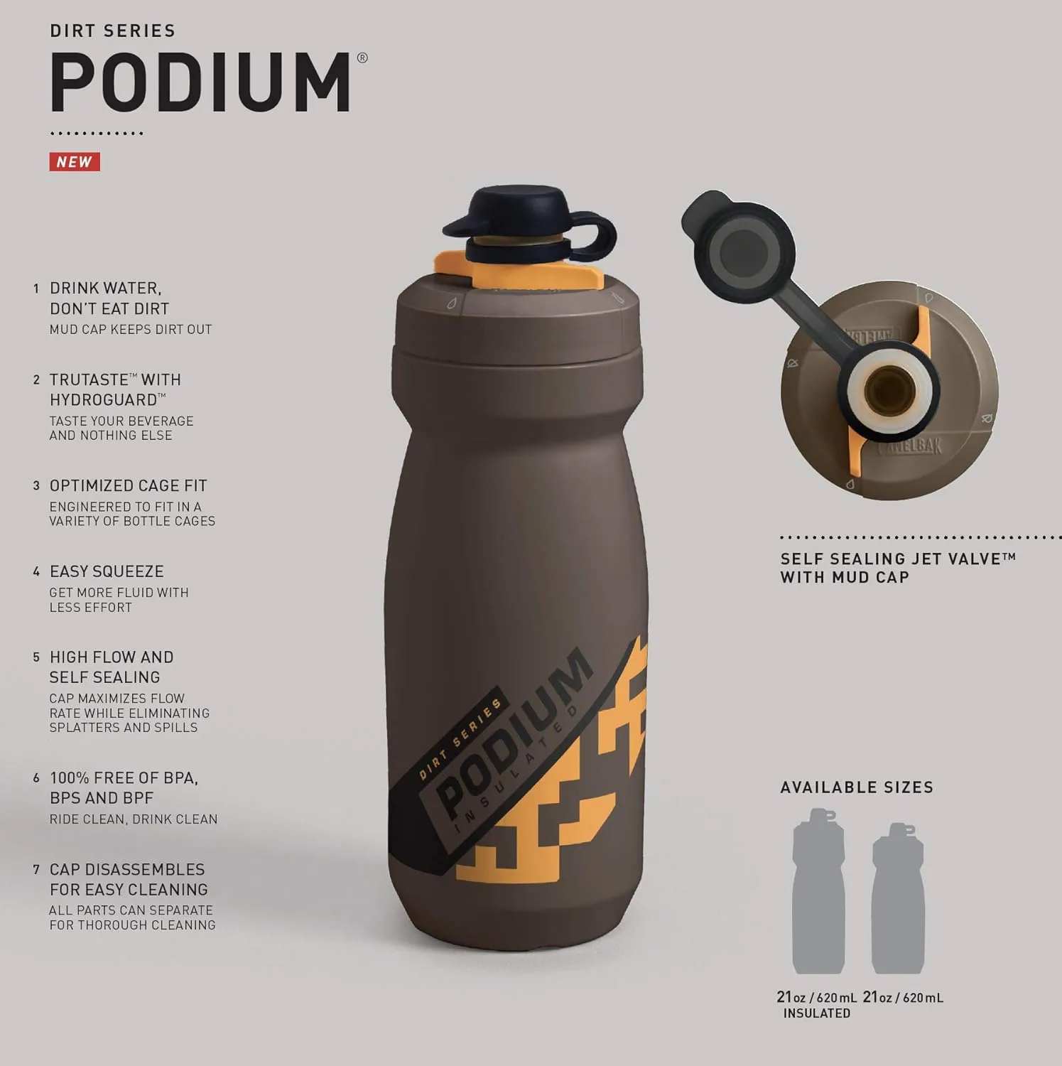 CamelBak Podium Dirt Series Chill Insulated Mountain Bike Squeeze Water Bottle Black, 21oz