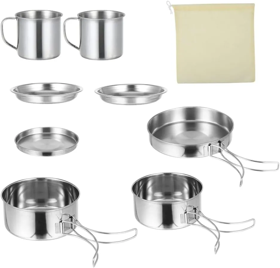 Camping Bowl and Utensil Set Stainless Steel Cookware Kit Outdoor Cook Equipment Easy to Use