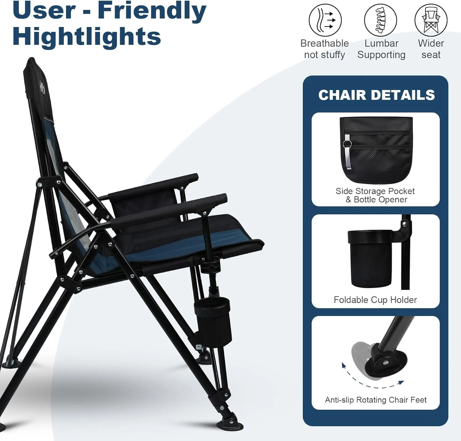 Camping Chair Portable Folding Lawn Chair Comfortable Hard Arm Sturdy for Family Camp, Outdoor, Sports, Beach, Travel, Support 400 lbs, Black&Blue