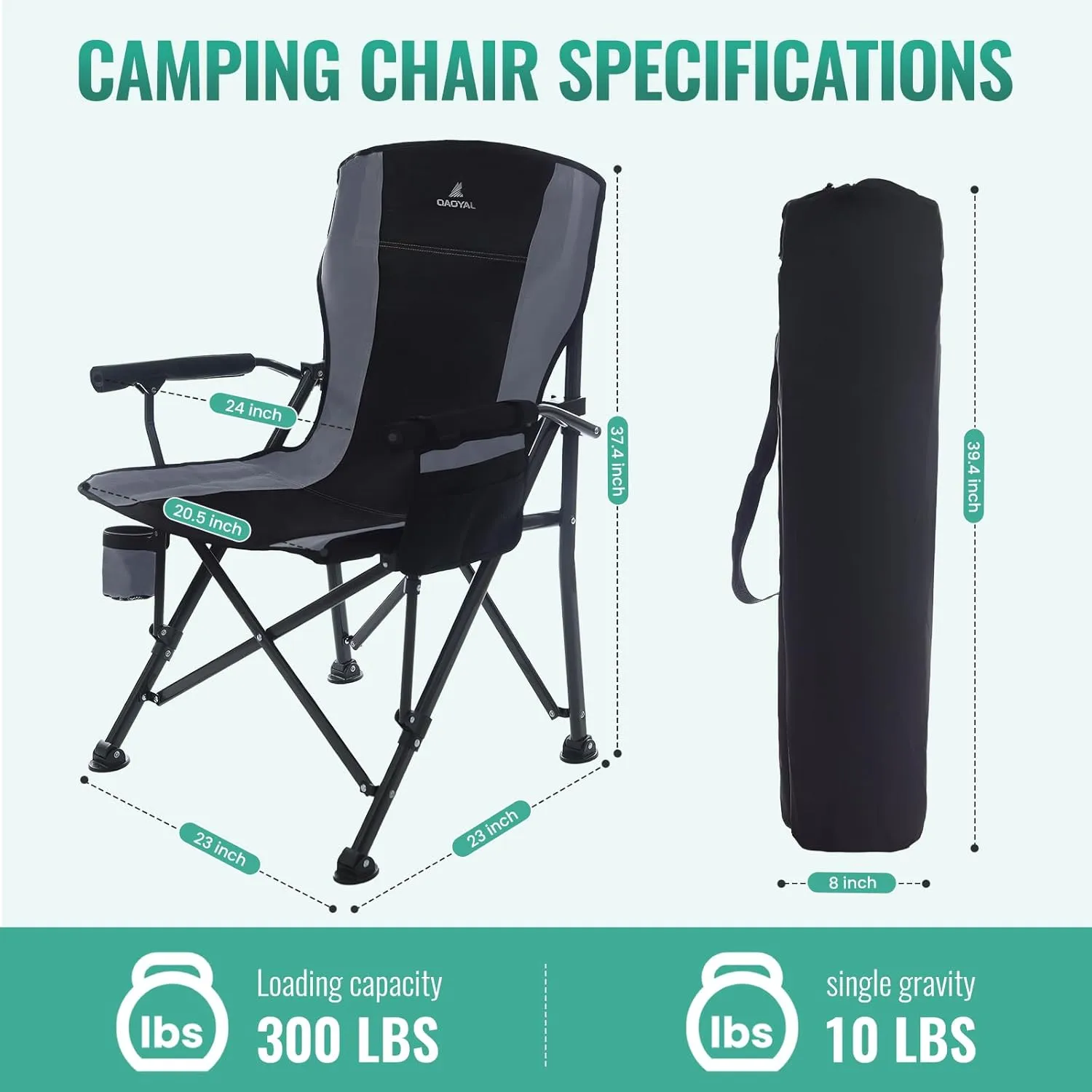 Camping Chairs for Adults, Heavy Duty Support 300 LBS Lawn Folding Chairs with Side Pocket & Cup Holder, for Camping, Fishing, Sports Event (Black&Grey)