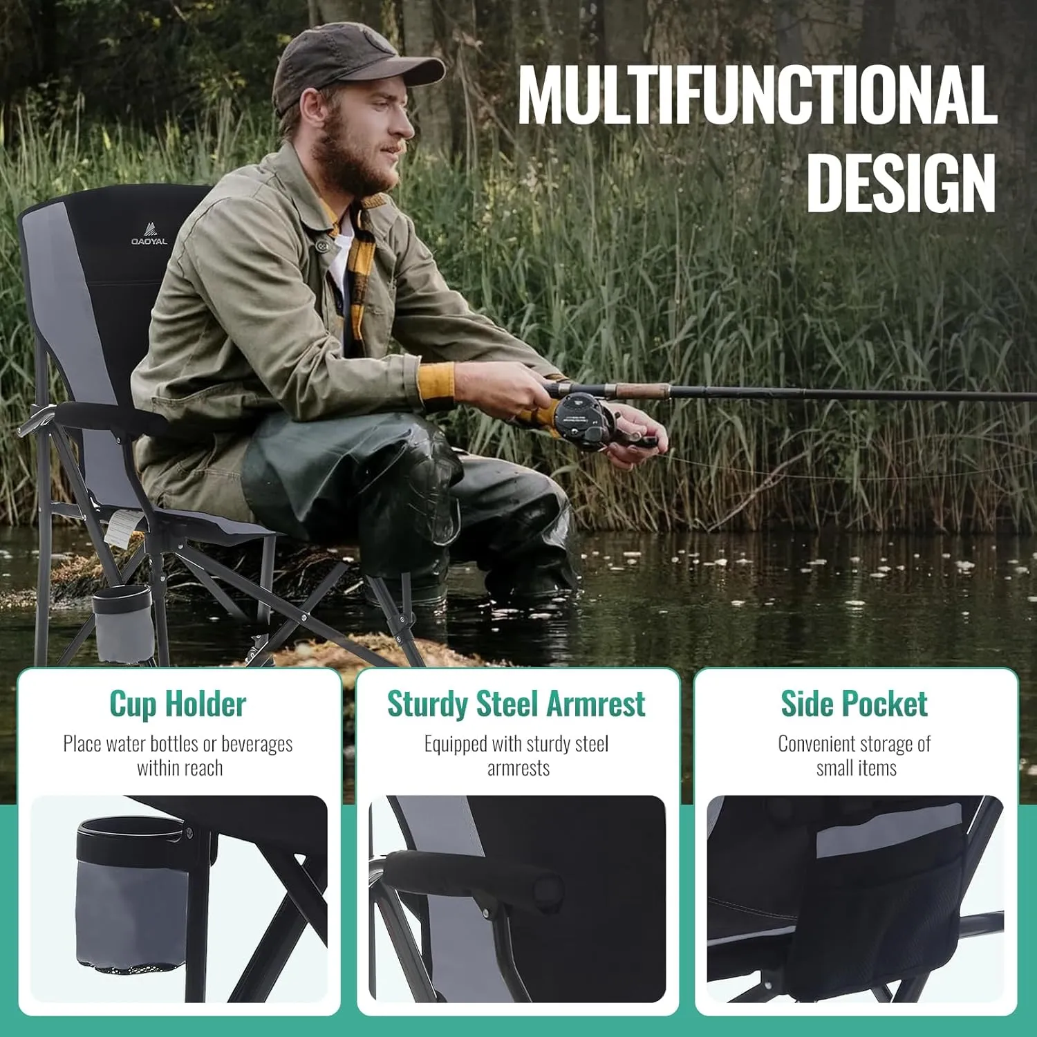 Camping Chairs for Adults, Heavy Duty Support 300 LBS Lawn Folding Chairs with Side Pocket & Cup Holder, for Camping, Fishing, Sports Event (Black&Grey)