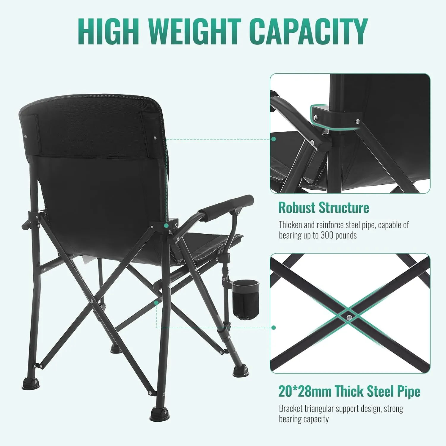 Camping Chairs for Adults, Heavy Duty Support 300 LBS Lawn Folding Chairs with Side Pocket & Cup Holder, for Camping, Fishing, Sports Event (Black&Grey)