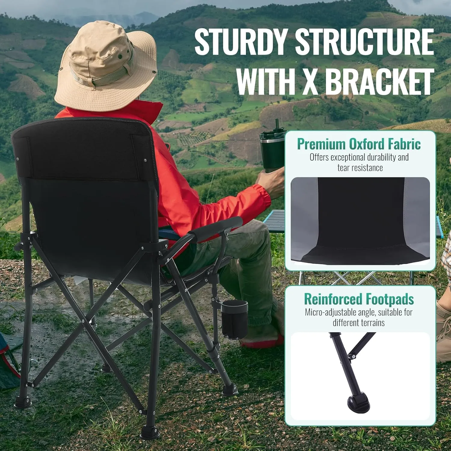 Camping Chairs for Adults, Heavy Duty Support 300 LBS Lawn Folding Chairs with Side Pocket & Cup Holder, for Camping, Fishing, Sports Event (Black&Grey)