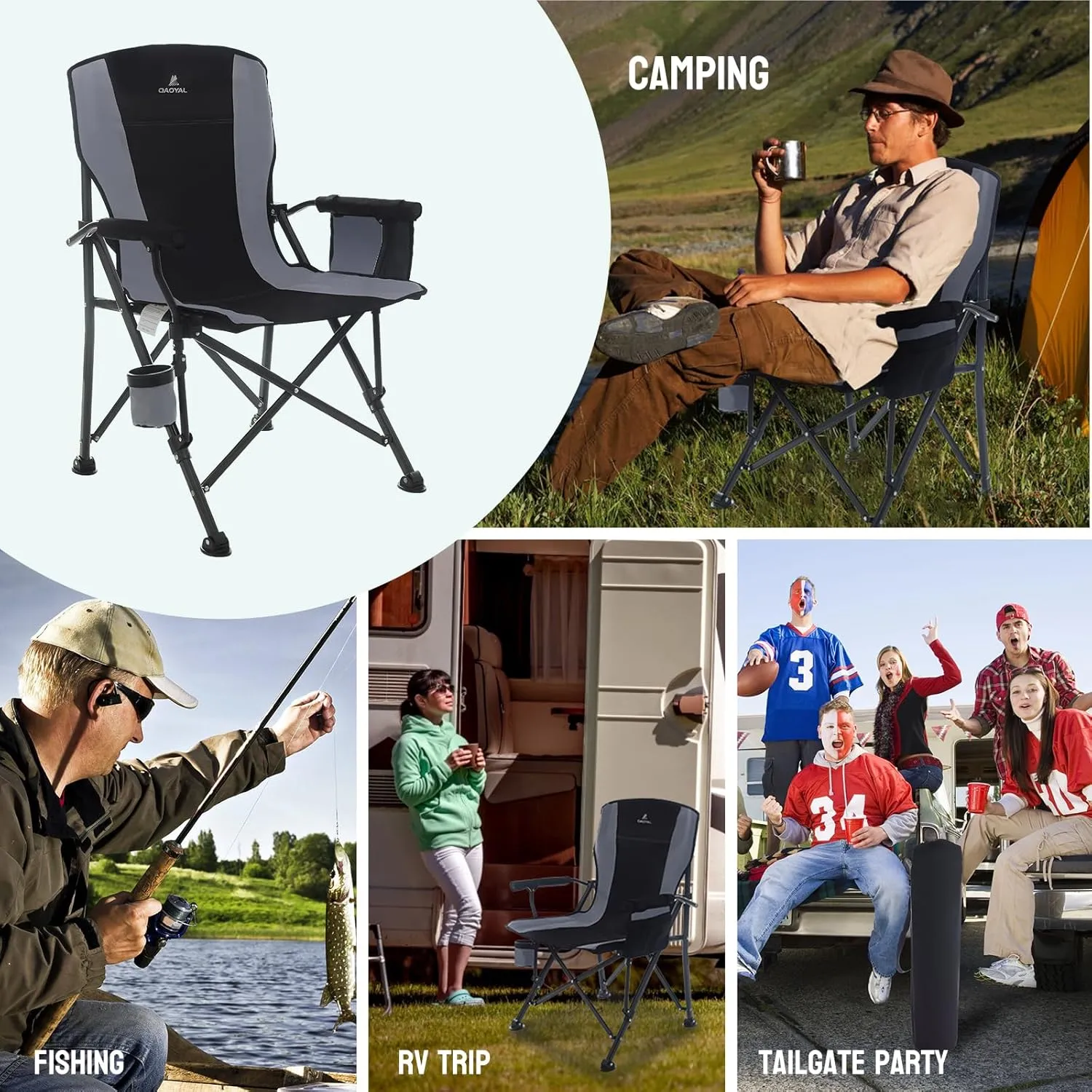 Camping Chairs for Adults, Heavy Duty Support 300 LBS Lawn Folding Chairs with Side Pocket & Cup Holder, for Camping, Fishing, Sports Event (Black&Grey)