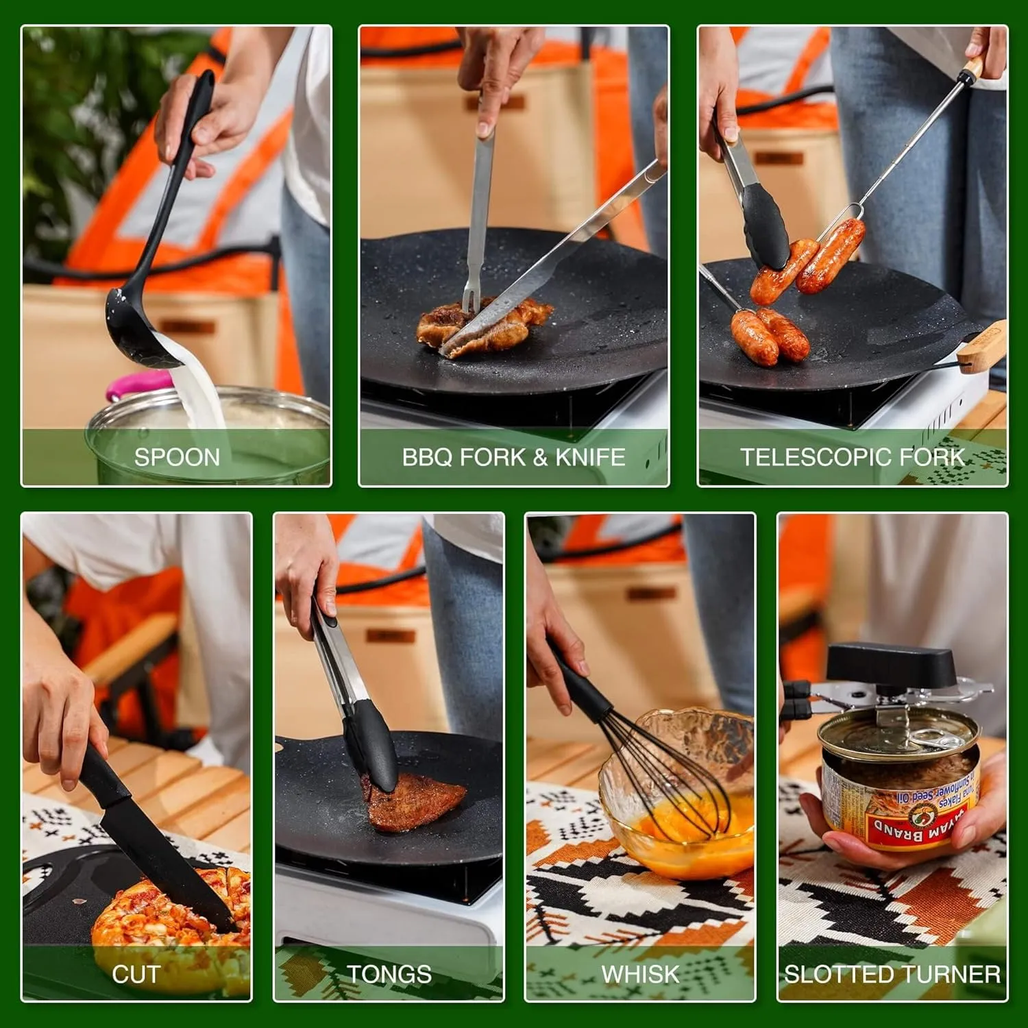 Camping Cooking Essentials Utensils Set - Camp Cookware Kitchen Accessories Kit, Camper Gear Must Haves, Stainless Steel & Silicone, RV Car Portable Outdoor Equipment Tool