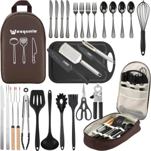 Camping Cooking Essentials Utensils Set - Camp Cookware Kitchen Accessories Kit, Camper Gear Must Haves, Stainless Steel & Silicone, RV Car Portable Outdoor Equipment Tool
