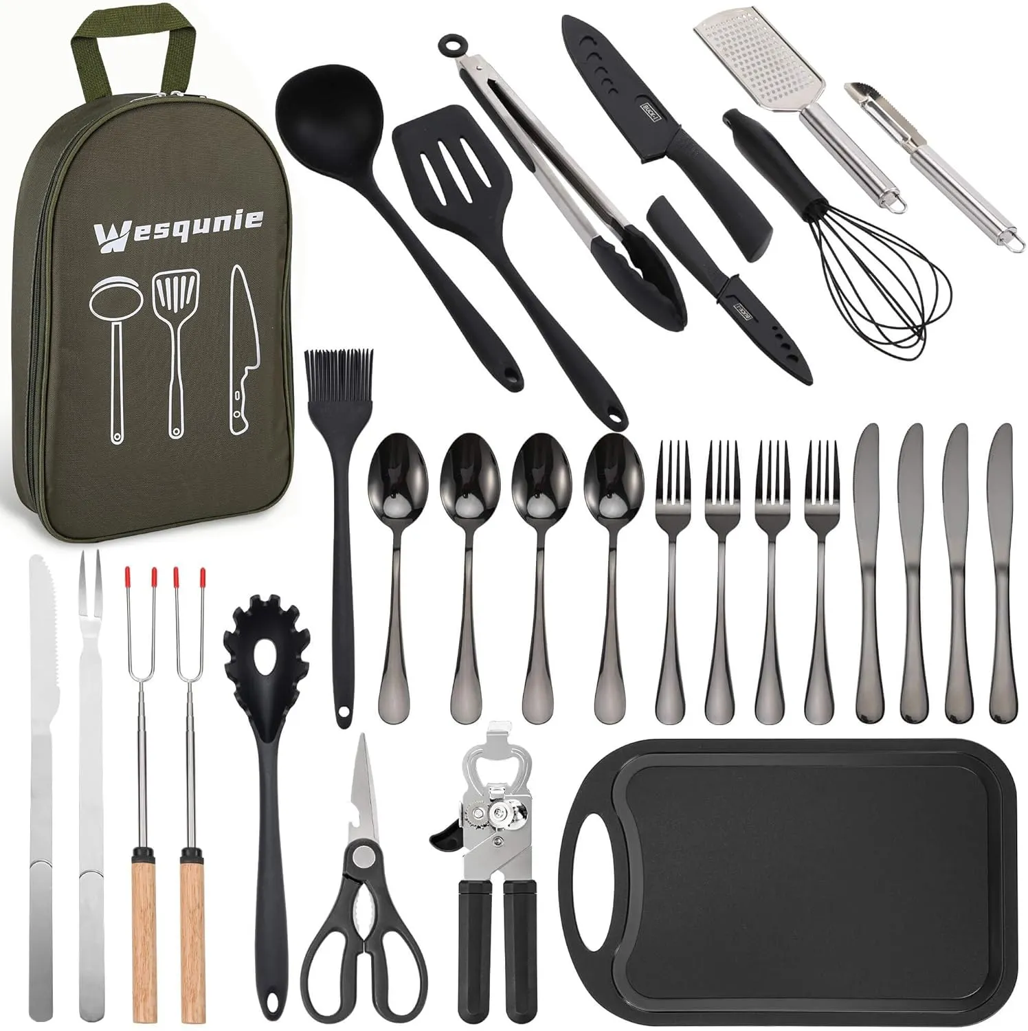 Camping Cooking Essentials Utensils Set - Camp Cookware Kitchen Accessories Kit, Camper Gear Must Haves, Stainless Steel & Silicone, RV Car Portable Outdoor Equipment Tool
