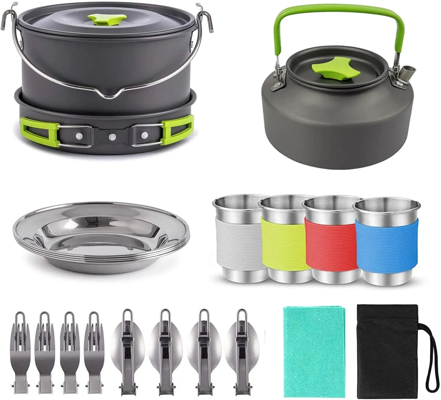 Camping Cookware 20PCS Kit Camping Tableware Set 4 Person Outdoor Cooking Supplies with Bowl Pans Fold Fork for Outdoor Hiking Picnic