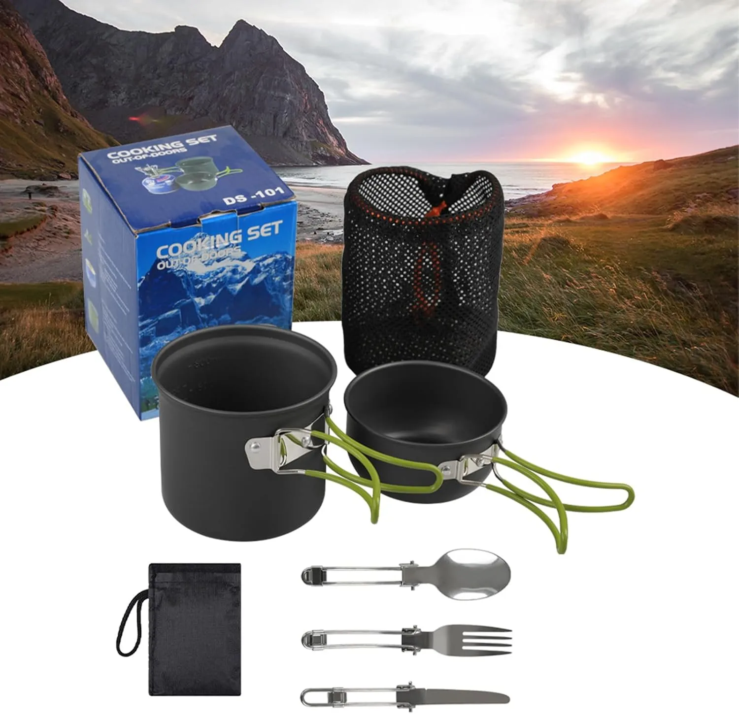 Camping Cookware Set, Backpacking Cooking Set with Pans, Stainless Steel Cooking Set, Non-Stick Camping Kitchen Pots for Hiking, Camping, and Picnic (Green)
