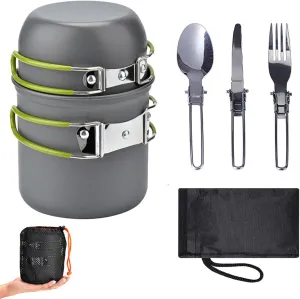 Camping Cookware Set, Backpacking Cooking Set with Pans, Stainless Steel Cooking Set, Non-Stick Camping Kitchen Pots for Hiking, Camping, and Picnic (Green)