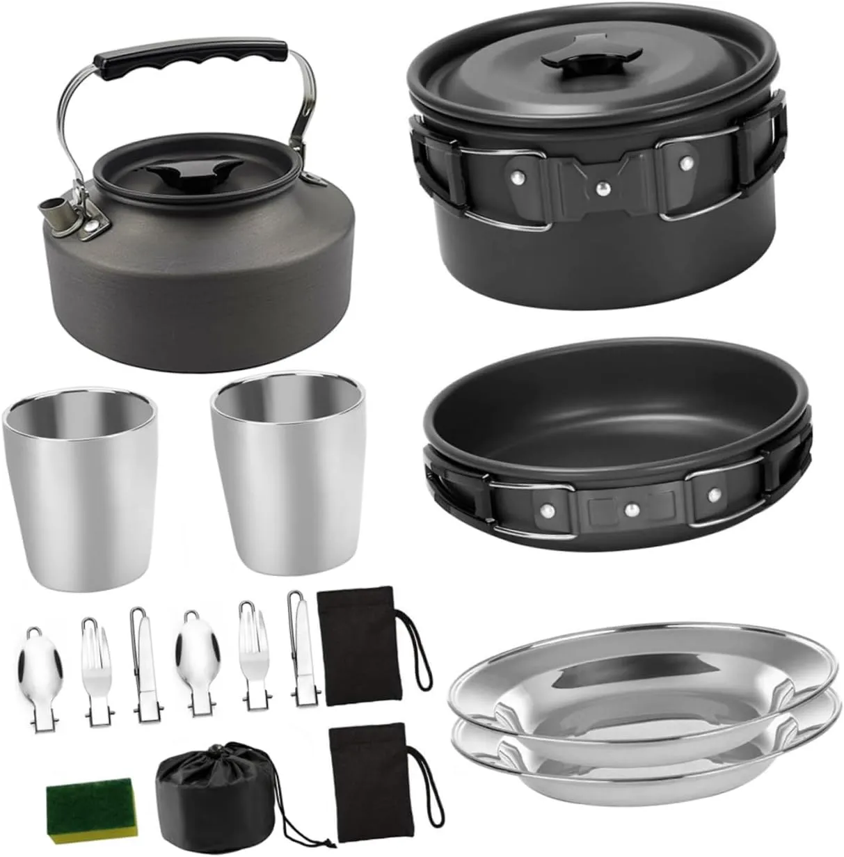 Camping Cookware Set Portable Outdoor Cooking Kit Frying Pan Soup Pot Kettle Knives Spoons Forks 2-3 Person Stainless Steel Set