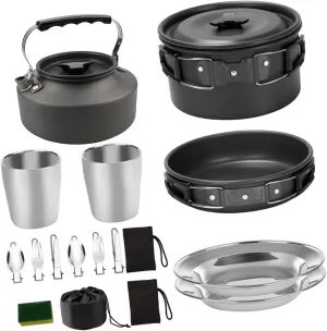 Camping Cookware Set Portable Outdoor Cooking Kit Frying Pan Soup Pot Kettle Knives Spoons Forks 2-3 Person Stainless Steel Set