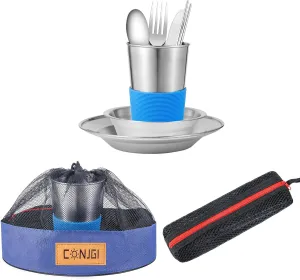 Camping Dinnerware Set Stainless - Camping Mess Kit Includes Cups, Bowls, Dishes, Knives, Forks, Spoons, Etc, Camping Tableware Set with Mesh Bag is Easy to Carry（1 Person Set Black）
