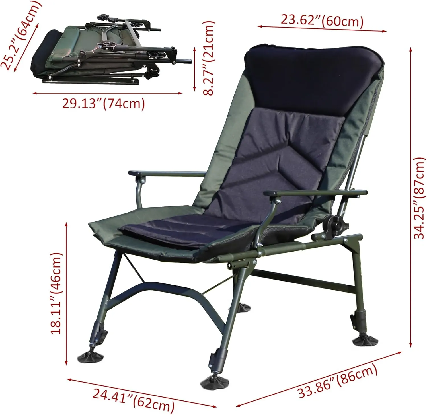 Camping Lounge Chair, Reclining Outdoor Folding Chair with Adjustable backrest, Adjustable Camping Chair with Padded Headrest for Indoor and Outdoor Camping Beach Hiking Fishing (green black)