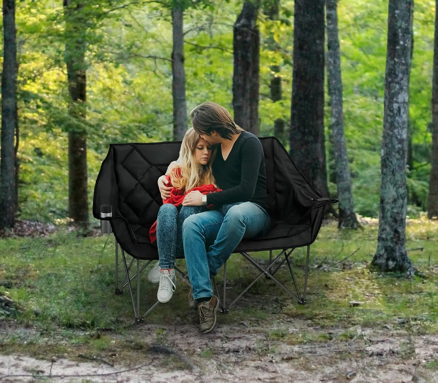 Camping Oversized Folding Chair, Fully Padded Loveseat for 2 Person Portable Double Chair Camp Beach Arm Chair with Cup Holder and Cooler Pouch Camping Couch with Carry Bag（Black-Coffee）