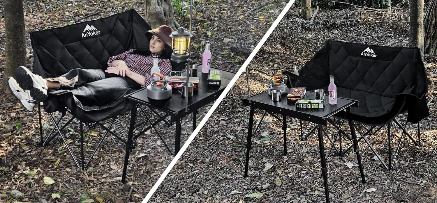 Camping Oversized Folding Chair, Fully Padded Loveseat for 2 Person Portable Double Chair Camp Beach Arm Chair with Cup Holder and Cooler Pouch Camping Couch with Carry Bag（Black-Coffee）