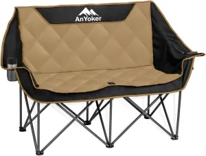 Camping Oversized Folding Chair, Fully Padded Loveseat for 2 Person Portable Double Chair Camp Beach Arm Chair with Cup Holder and Cooler Pouch Camping Couch with Carry Bag（Black-Coffee）