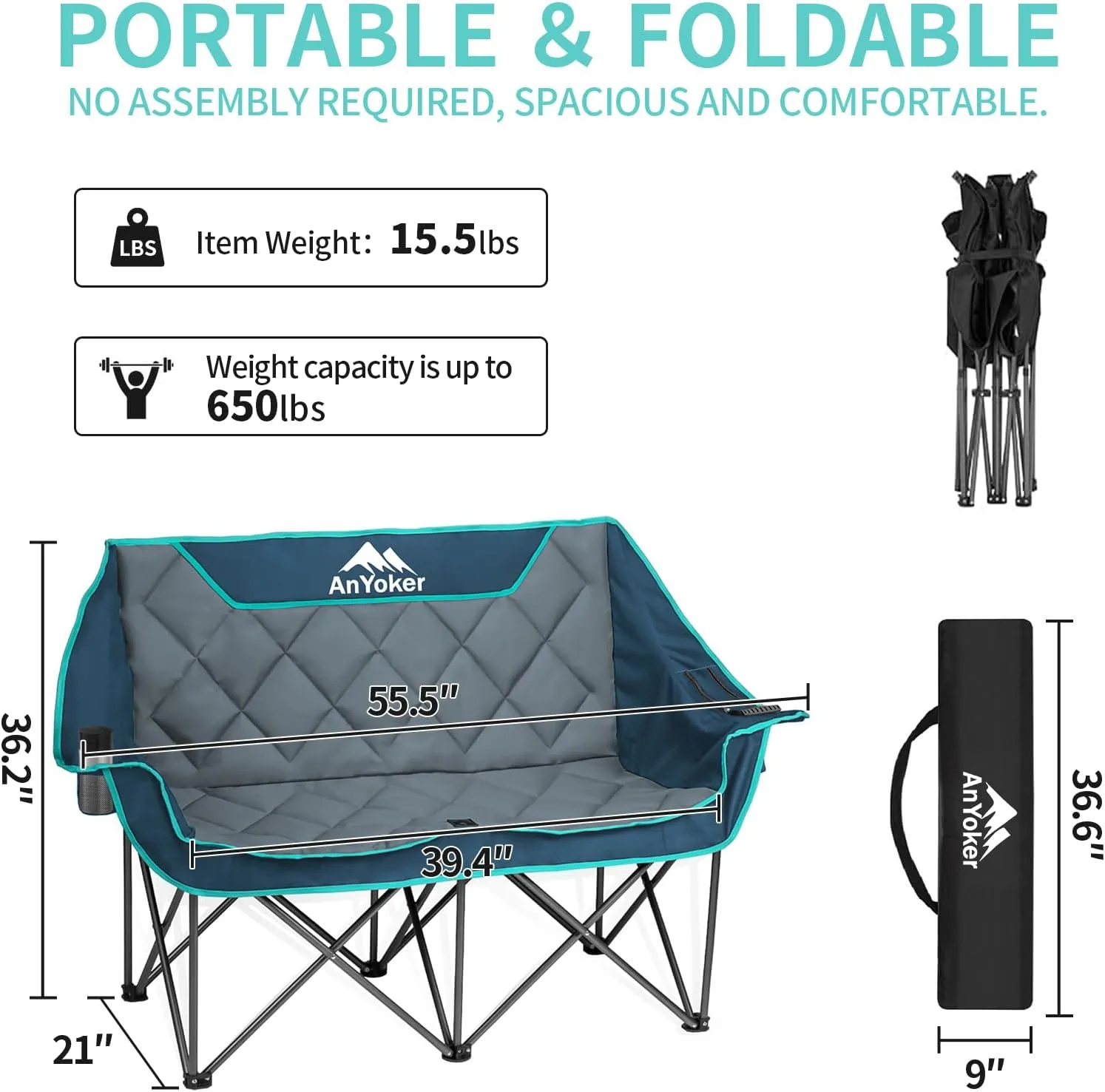 Camping Oversized Folding Chair, Fully Padded Loveseat for 2 Person Portable Double Chair Camp Beach Arm Chair with Cup Holder and Cooler Pouch Camping Couch with Carry Bag（Black-Coffee）