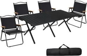 Camping Tables Outdoor Camping Chair Set with Roll up Carbon Steel Folding Beach Picnic Tables Portable Camp Table for Sand Garden BBQ Party/Set 4Ft Table   4 Chairs