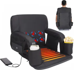 CAMULAND Heated Massage Stadium Seat with Back Support – Reclining, Foldable Bleacher Chair with Upgraded 3 Heat Massage Levels,Shoulder Straps & Thick Cushioning