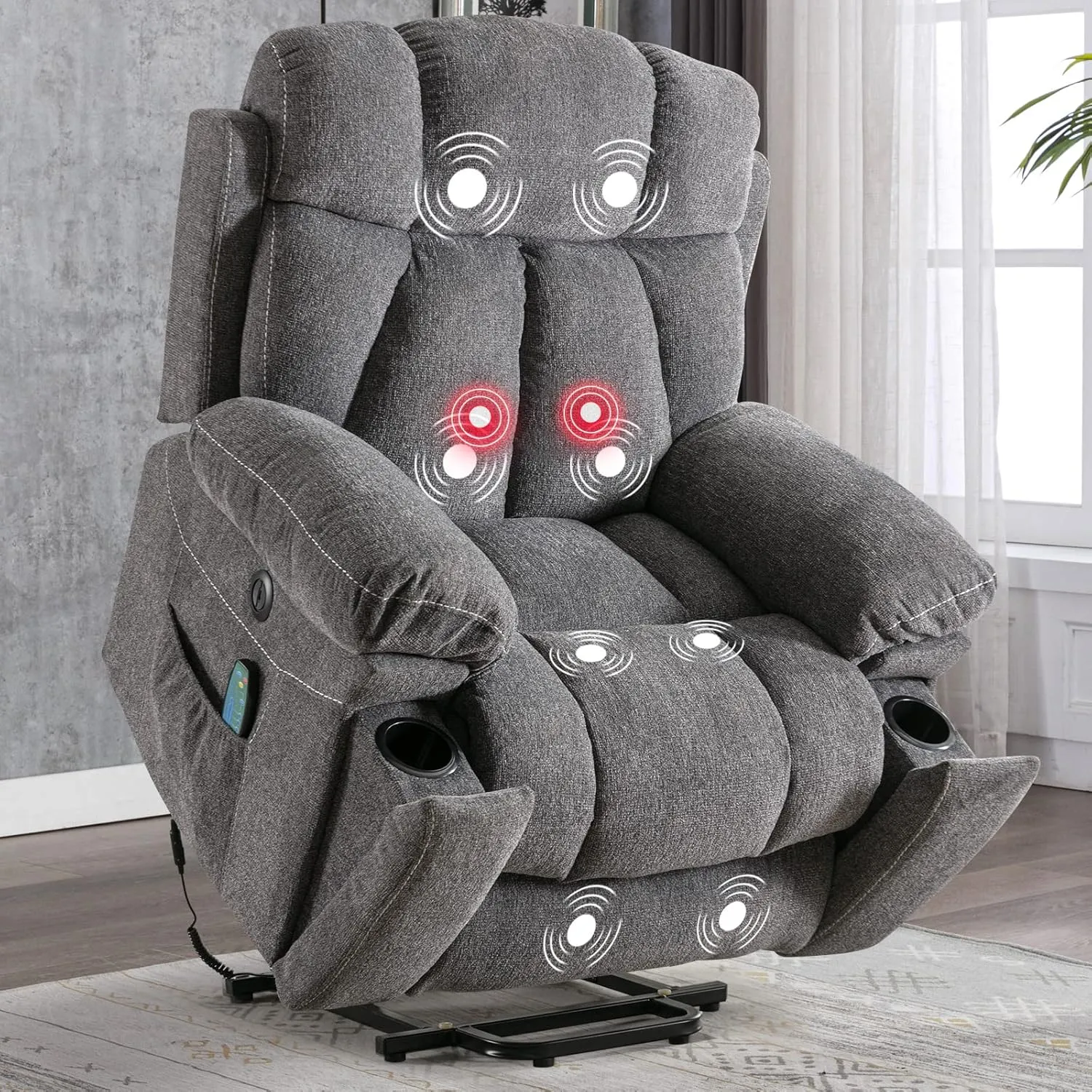 CANMOV Large Power Lift Recliner Chairs with Massage and Heat for Elderly Big People, Heavy Duty Motion Reclining Mechanism-Anti Skid Fabric Recliner Chair with 2 Concealed Cup Holders,Dark Gray