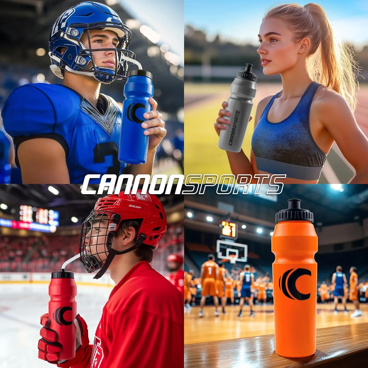 Cannon Sports 1 Liter Sports Water Bottle, BPA-Free, 34 Oz Capacity, Large Mouth, 2 lids (Straw and Squeeze), Great For Helmet Sports Such As Hockey, Lacrosse, Football, Boxing (2 Pack) (Clear)