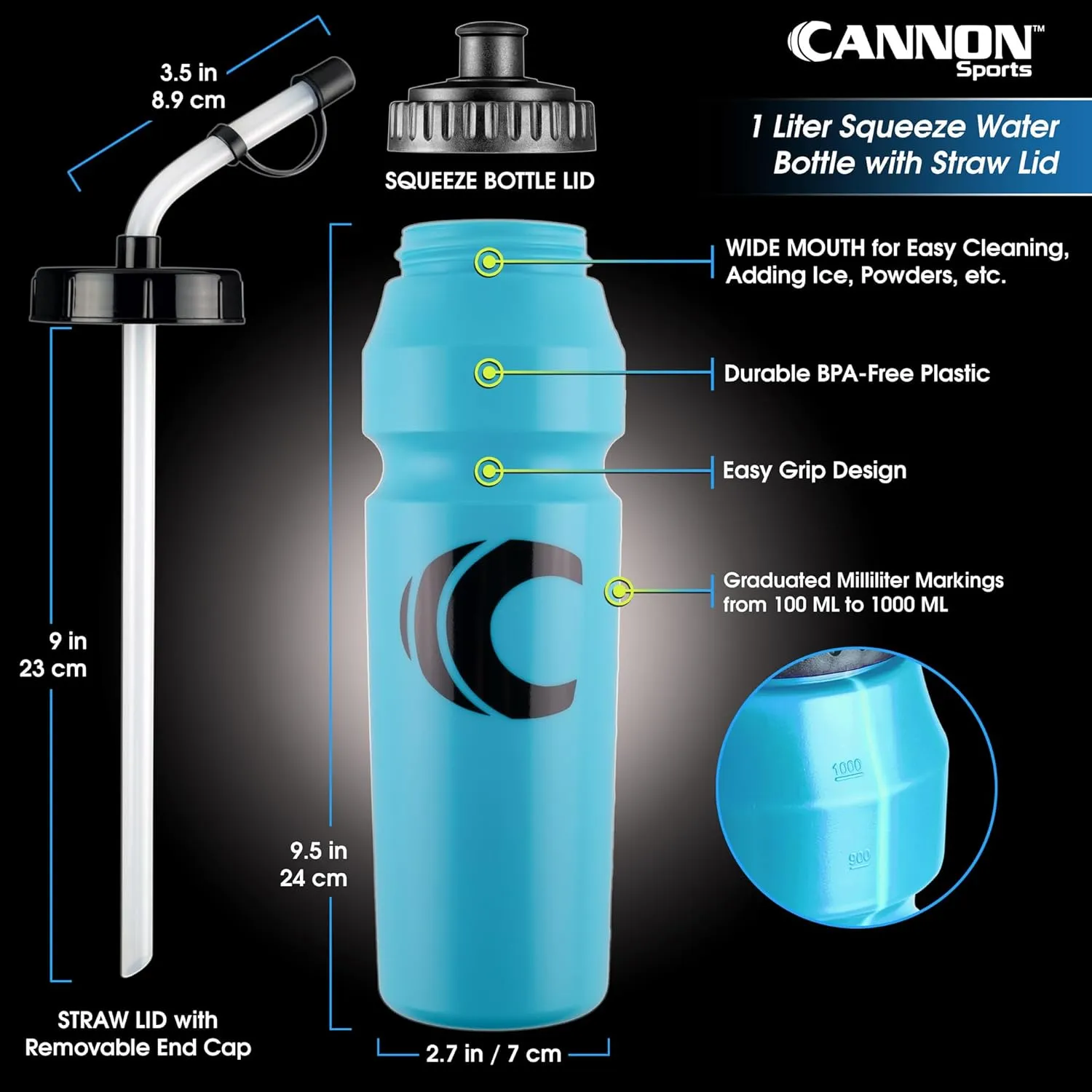 Cannon Sports 1 Liter Sports Water Bottle, BPA-Free, 34 Oz Capacity, Large Mouth, 2 lids (Straw and Squeeze), Great For Helmet Sports Such As Hockey, Lacrosse, Football, Boxing (2 Pack) (Light Blue)