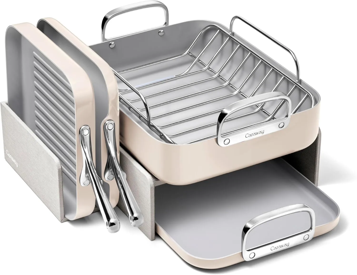 Caraway Square Cookware Set - Square Pans Set - Perfect for Griddling, Toasting, Searing, Roasting, and More - Non-Stick Ceramic Coated Pans - Non Toxic, PTFE & PFOA Free - Cream