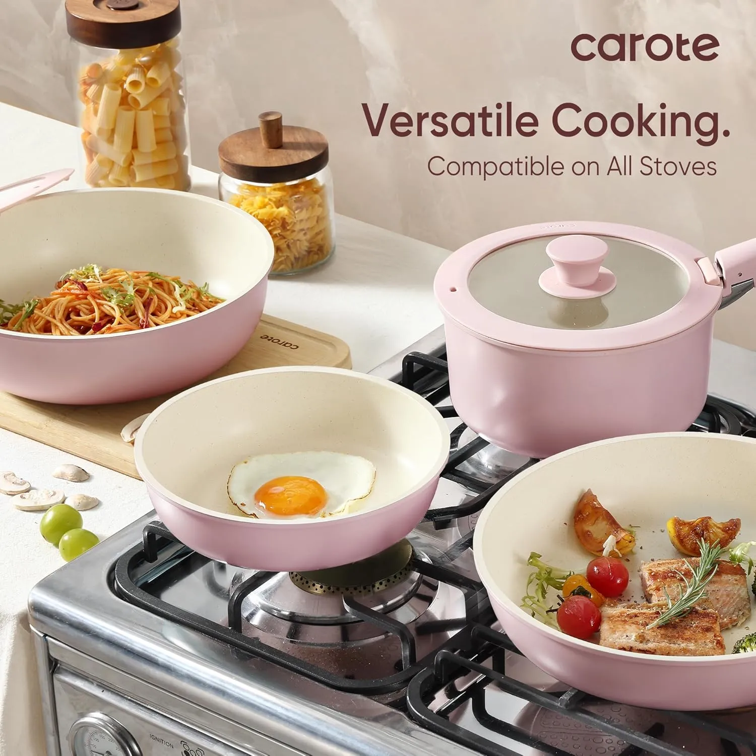 CAROTE Pots and Pans Set, Nonstick Cookware Sets Detachable Handle, 15pcs Induction Kitchen Cookware Set Non Stick with Removable Handle, Oven Safe, RV Cookware Set, Pink Granite