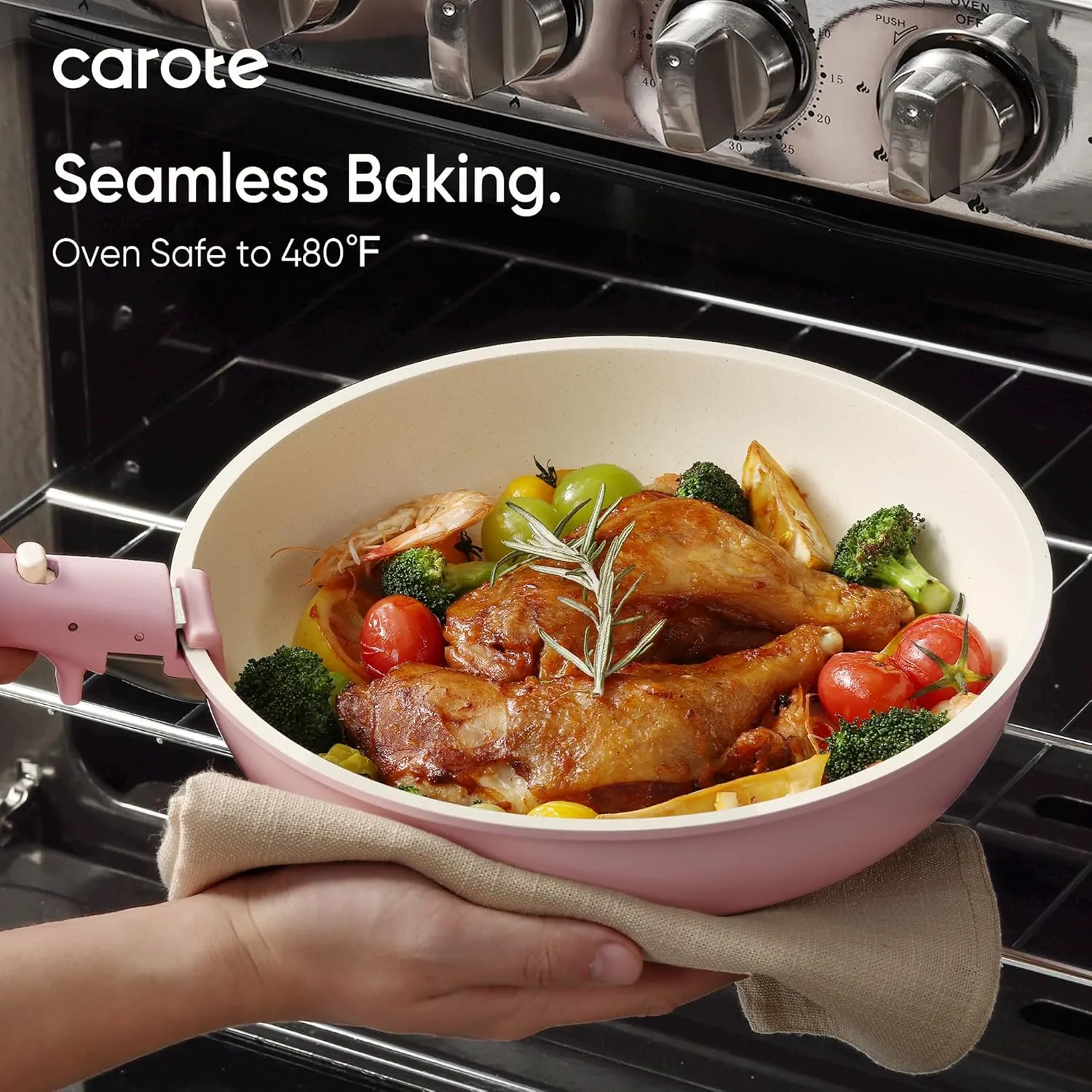 CAROTE Pots and Pans Set, Nonstick Cookware Sets Detachable Handle, 15pcs Induction Kitchen Cookware Set Non Stick with Removable Handle, Oven Safe, RV Cookware Set, Pink Granite