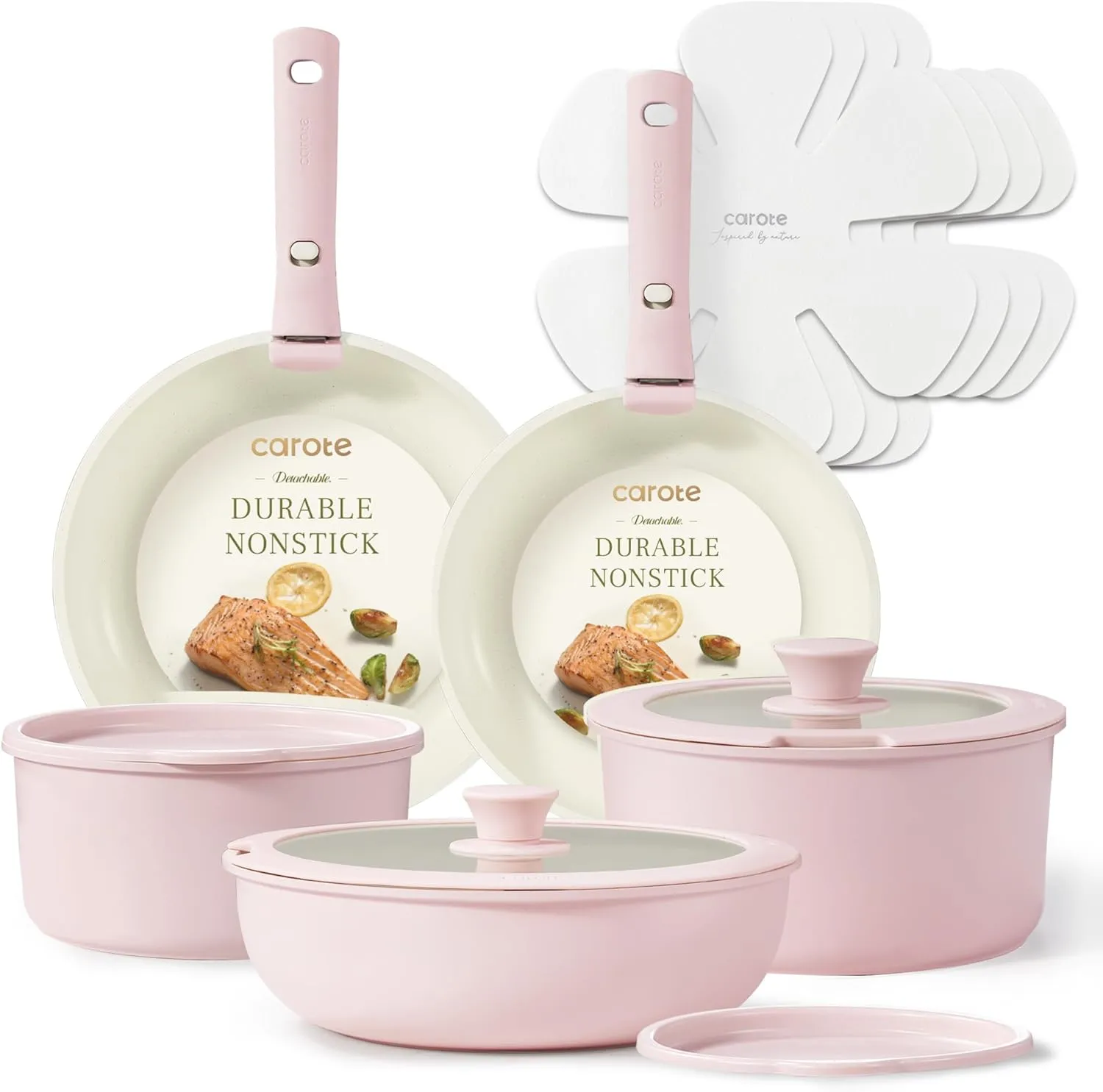 CAROTE Pots and Pans Set, Nonstick Cookware Sets Detachable Handle, 15pcs Induction Kitchen Cookware Set Non Stick with Removable Handle, Oven Safe, RV Cookware Set, Pink Granite