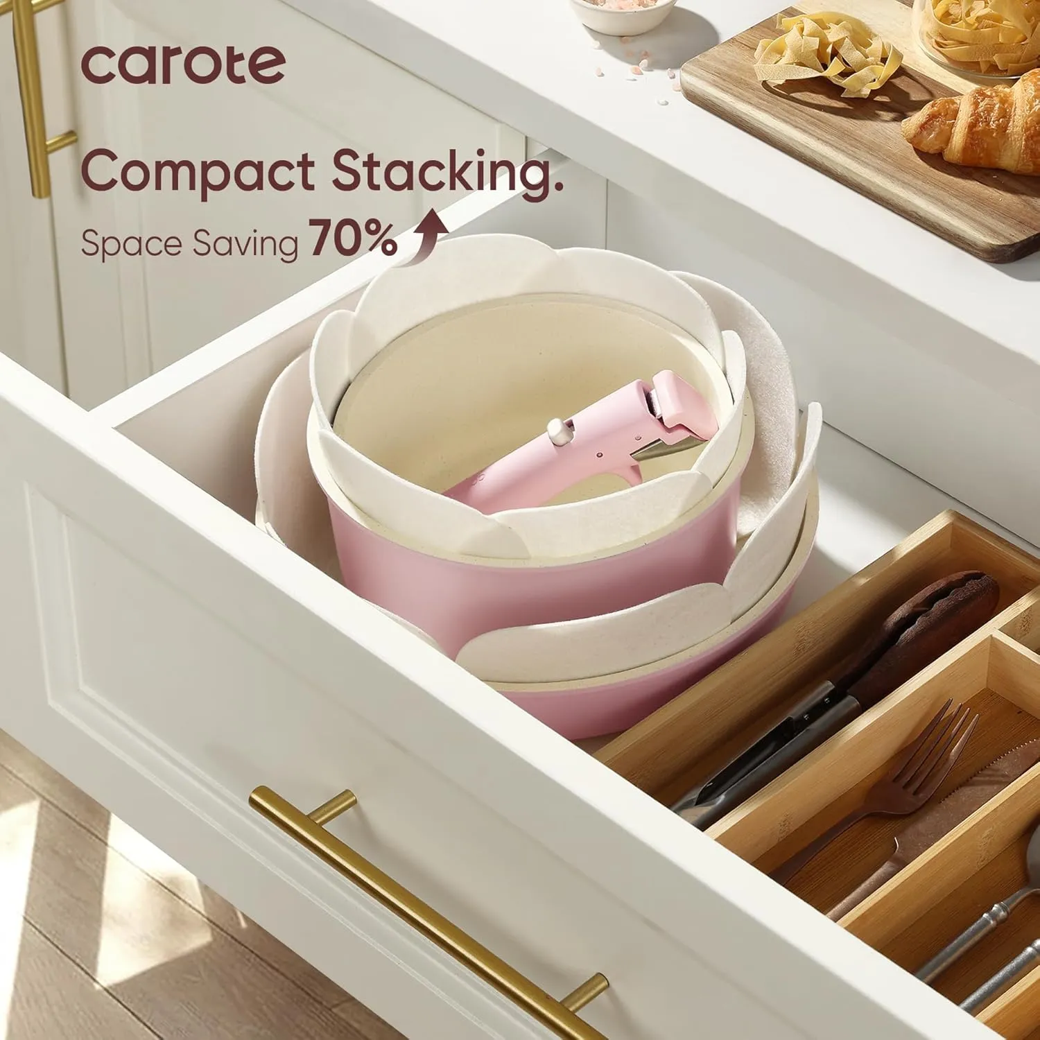 CAROTE Pots and Pans Set, Nonstick Cookware Sets Detachable Handle, 15pcs Induction Kitchen Cookware Set Non Stick with Removable Handle, Oven Safe, RV Cookware Set, Pink Granite