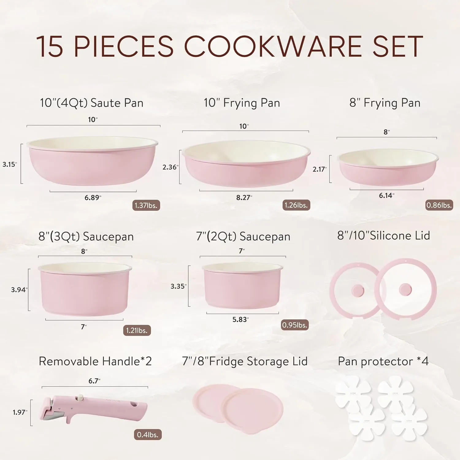 CAROTE Pots and Pans Set, Nonstick Cookware Sets Detachable Handle, 15pcs Induction Kitchen Cookware Set Non Stick with Removable Handle, Oven Safe, RV Cookware Set, Pink Granite