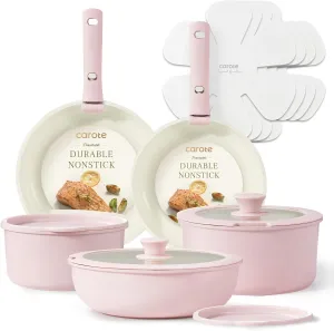 CAROTE Pots and Pans Set, Nonstick Cookware Sets Detachable Handle, 15pcs Induction Kitchen Cookware Set Non Stick with Removable Handle, Oven Safe, RV Cookware Set, Pink Granite
