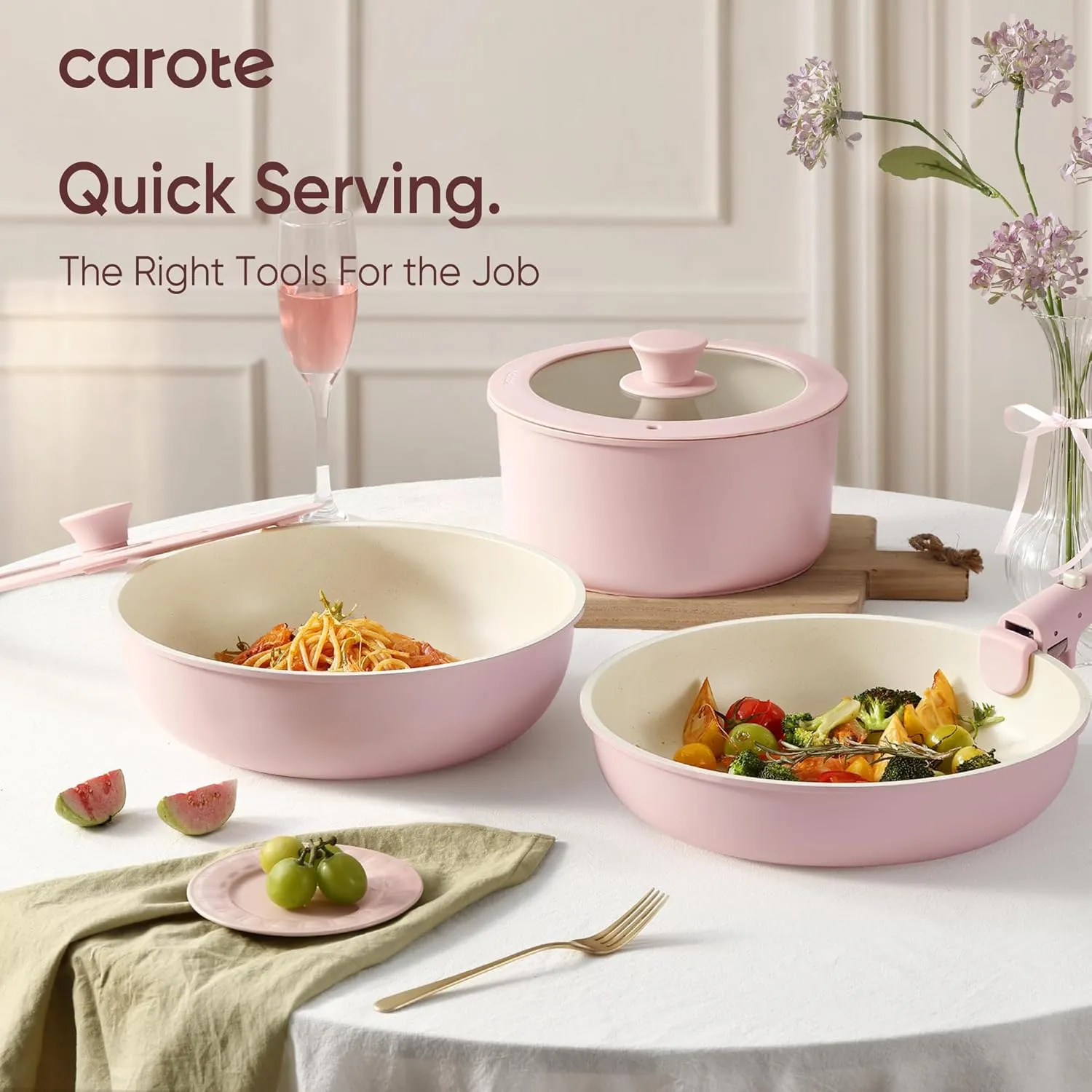 CAROTE Pots and Pans Set, Nonstick Cookware Sets Detachable Handle, 15pcs Induction Kitchen Cookware Set Non Stick with Removable Handle, Oven Safe, RV Cookware Set, Pink Granite
