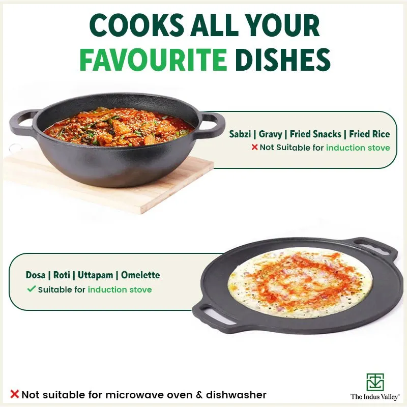 CASTrong Cast Iron Cookware Set: Free ₹400 Tadka Pan  Tawa  Kadai, Kitchen Set for Home, Pre-seasoned, 100% Pure, Toxin-free, Induction